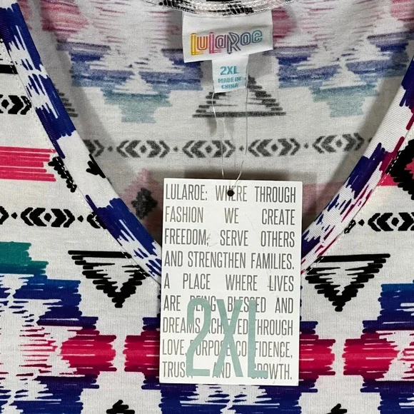 LuLaRoe 2XL Sleeveless Tunic TankTop Pink Blue Geometric Southwestern V-Neck NWT - Picture 3 of 7